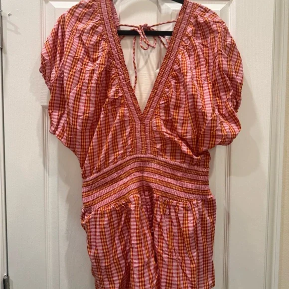 Anthropologie 100% Cotton Pink and Coral Gingham Smocked Romper - Picture 3 of 14